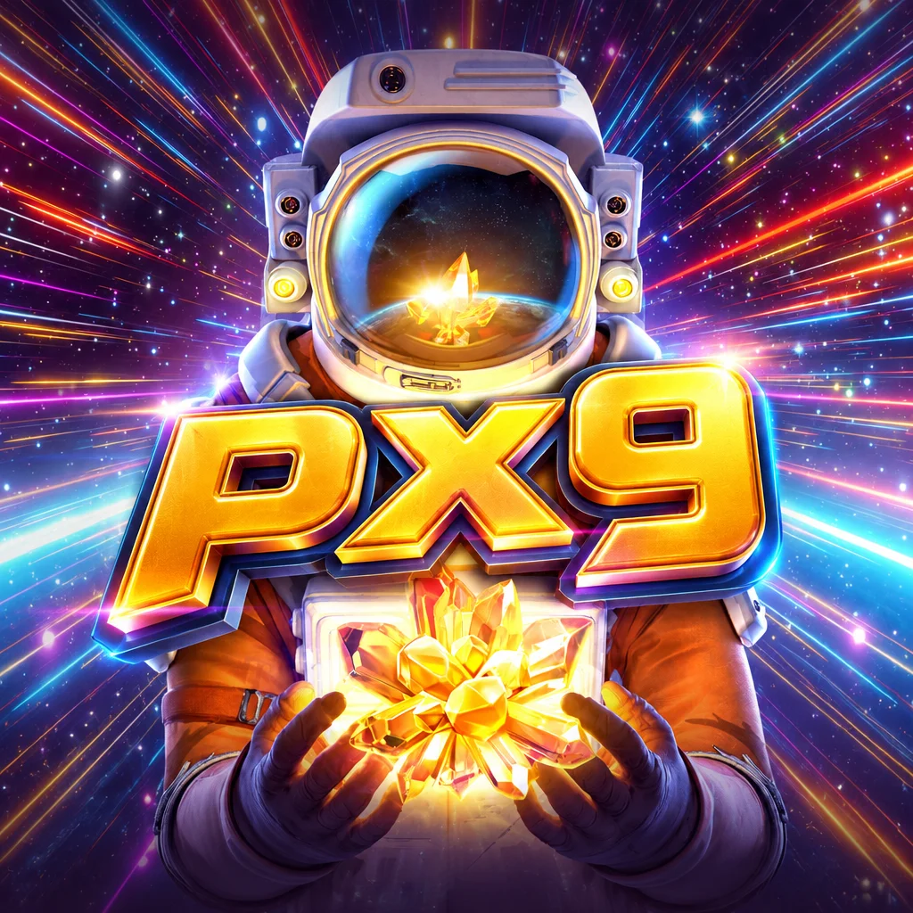 โลโก้ px9 บนภาพนักบินอวกาศถืออัญมณีเรืองแสงท่ามกลางละอองดาวจากเกม Galactic Gems