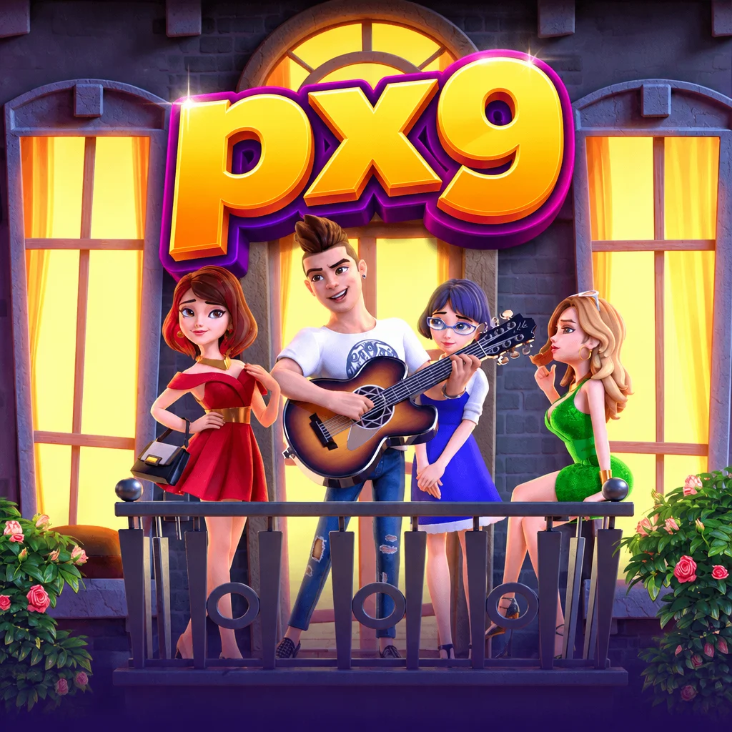 โลโก้ px9 บนภาพตัวละครและบรรยากาศความรักอันอบอุ่นจากเกม Reel Love