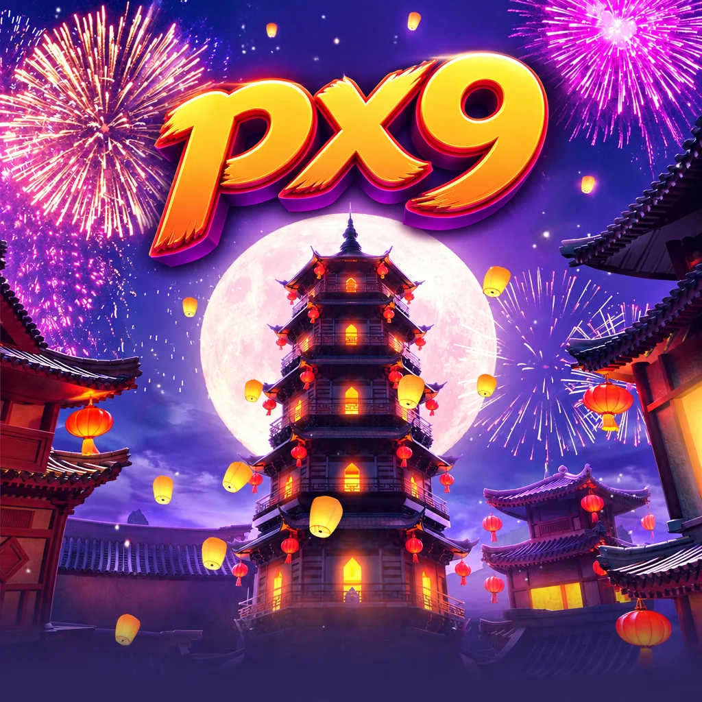 โลโก้ px9 บนภาพบรรยากาศเทศกาลโคมไฟและพลุประกายเหนือเจดีย์โบราณจากเกม Wild Fireworks